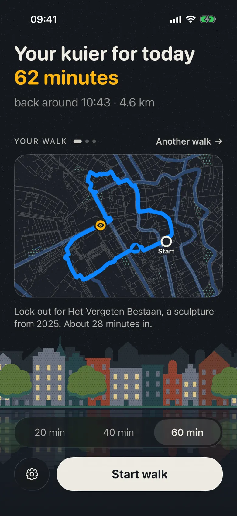 Kuier’s today screen: “Your kuier for today, 62 minutes, back around 10:43, 4.6 km”, a printed map of the route through Utrecht, a note to look out for Het Vergeten Bestaan, and a 20, 40 or 60 minute choice with a Start walk button.