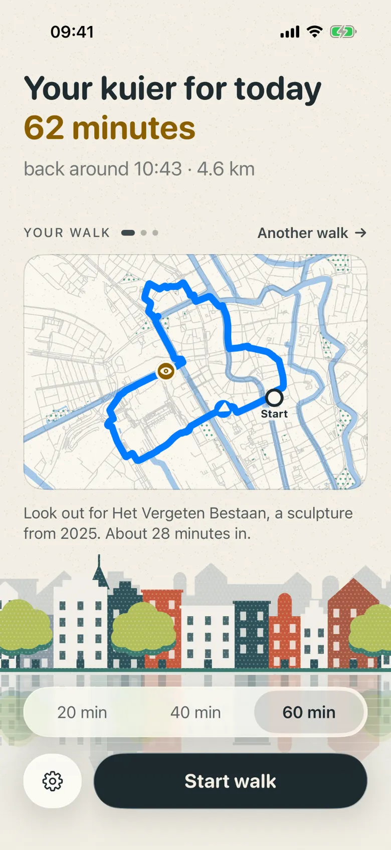 Kuier’s today screen: “Your kuier for today, 62 minutes, back around 10:43, 4.6 km”, a printed map of the route through Utrecht, a note to look out for Het Vergeten Bestaan, and a 20, 40 or 60 minute choice with a Start walk button.